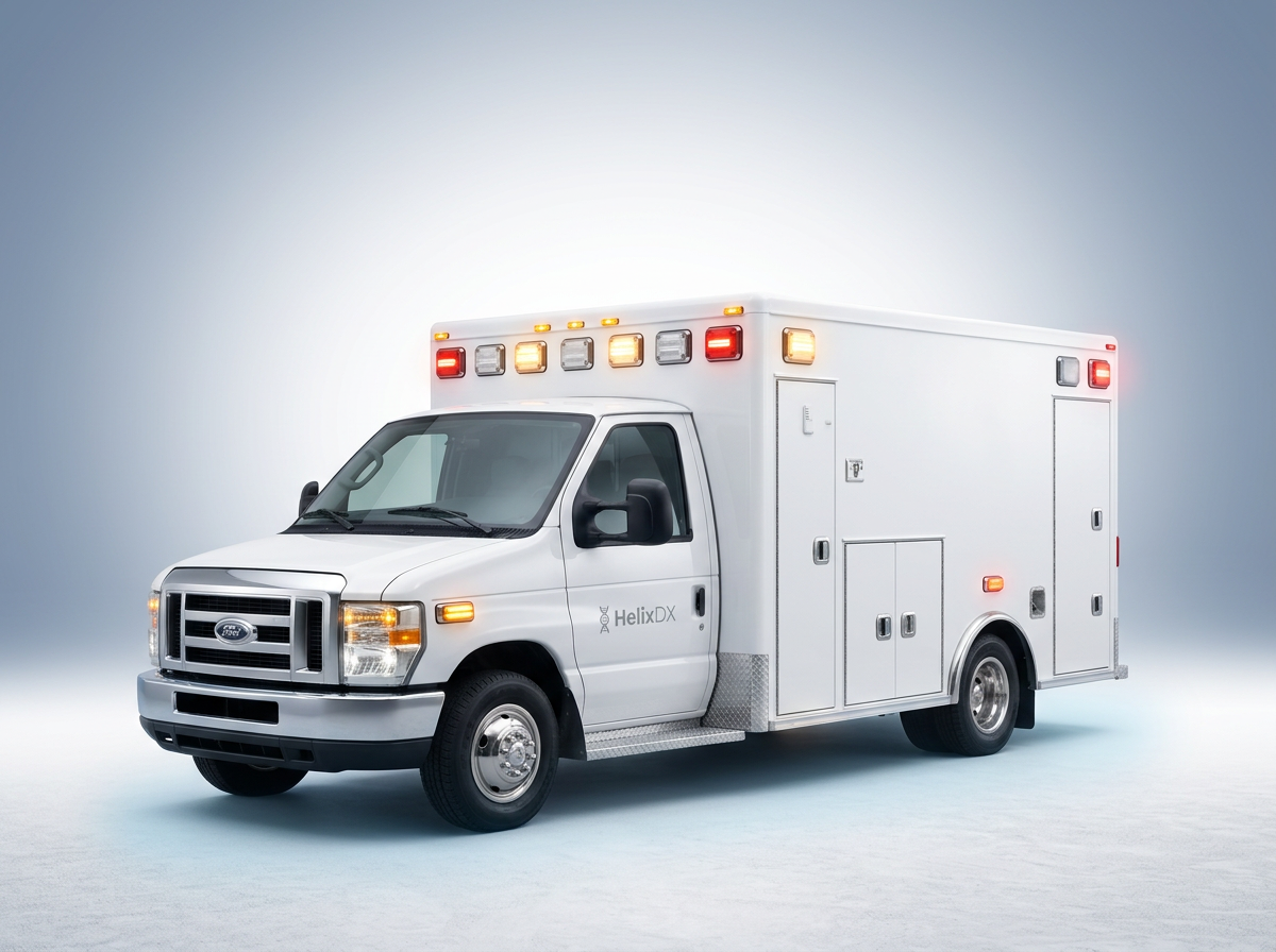 Standard white ambulance for HelixDX patient transfer