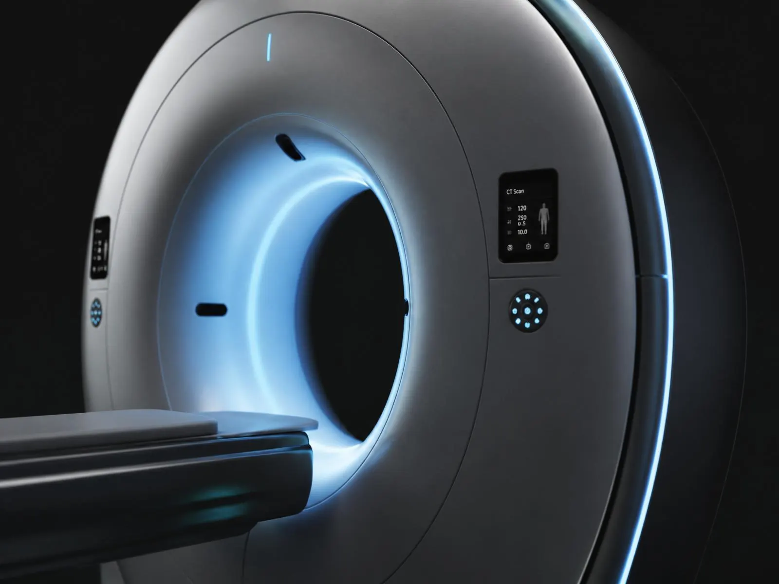 Close-up of the CT scanner ring illuminated in blue