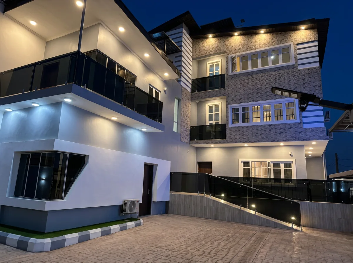 HelixDX diagnostic facility illuminated at night in Ibadan