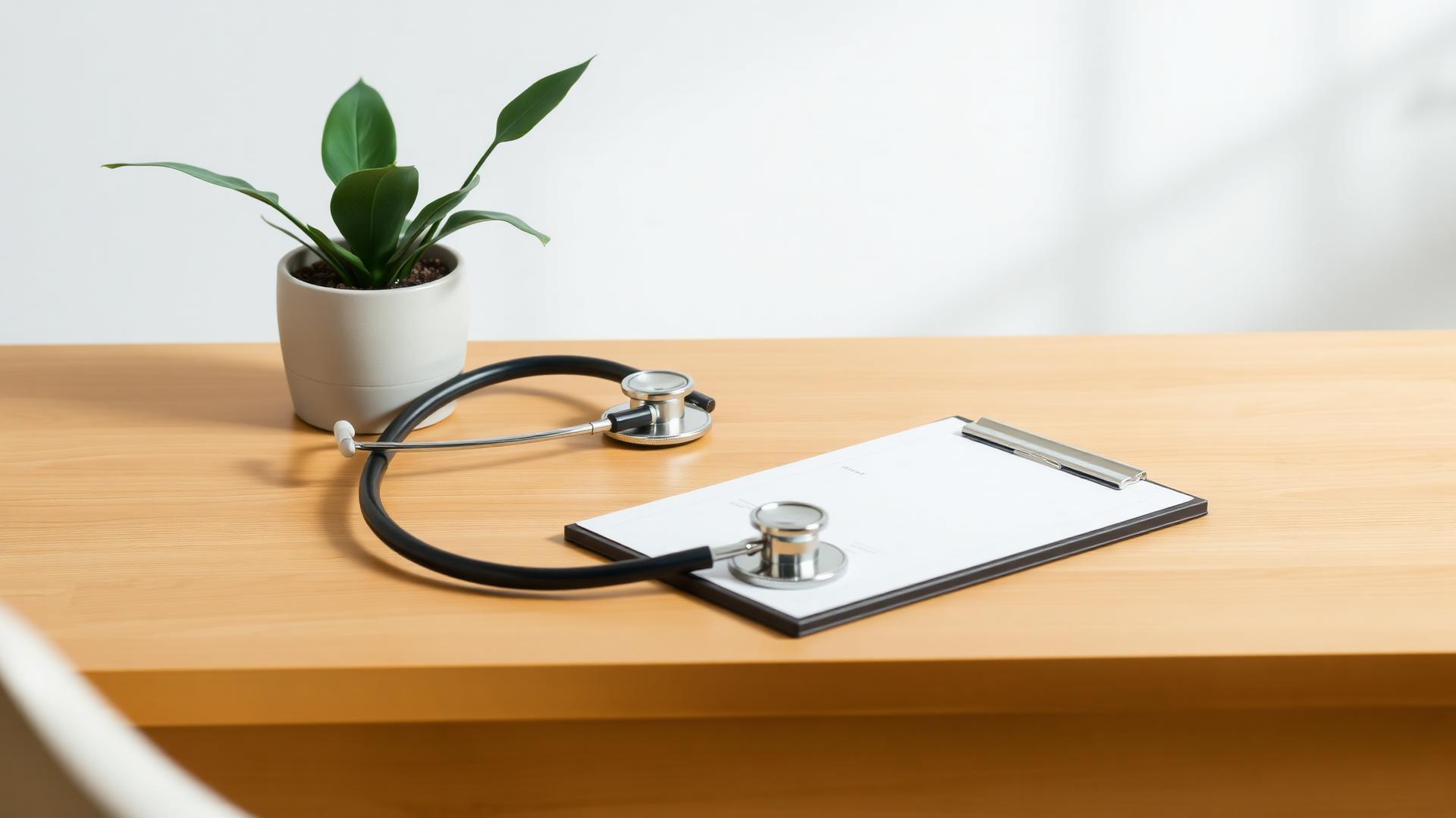 Stethoscope and clipboard on a wellness consultation desk
